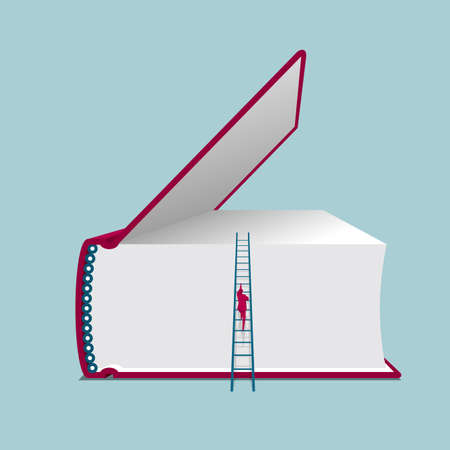 Businessman is climbing a huge book with ladder. Isolated on blue background.のイラスト素材