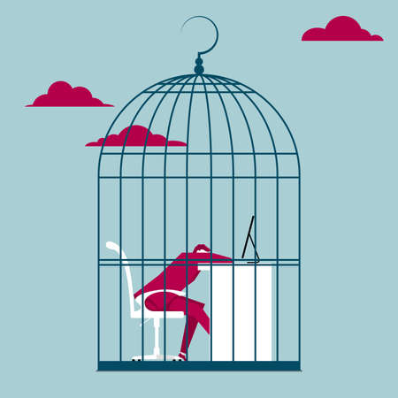 Tired businessman on work desk trapped in a bird cage in the skyのイラスト素材