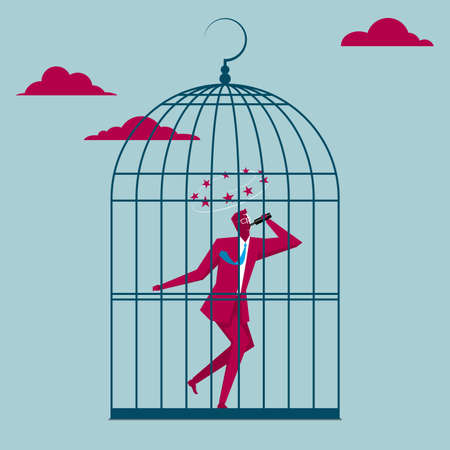 Drunk businessman trapped in a bird cage in the skyのイラスト素材