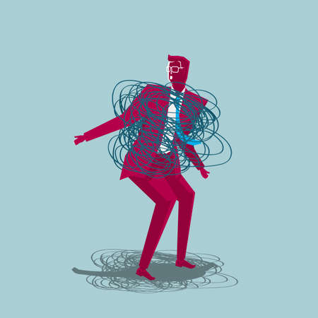 Businessman surrounded by tangled rope isolated on blue background.