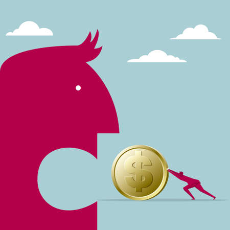 Businessman pushes dollar coins into the mouth. Isolated on blue background.のイラスト素材