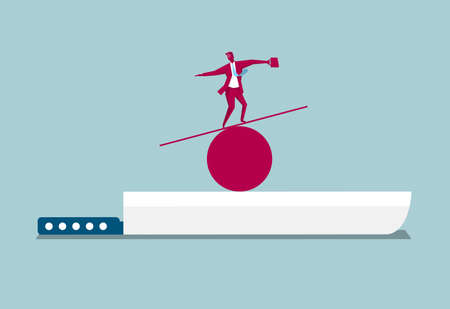Businessman balancing on a wooden plank above a knife on blue background.のイラスト素材