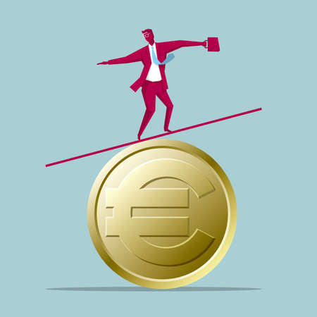 Businessman balancing on a wooden plank above a euro coin on blue background.のイラスト素材