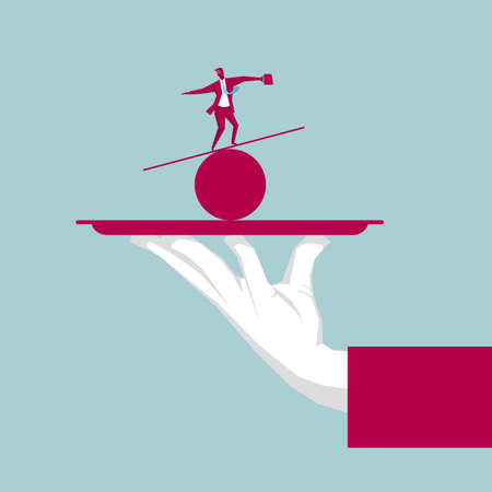 Businessman balancing on a wooden plank above a tray on blue background.のイラスト素材