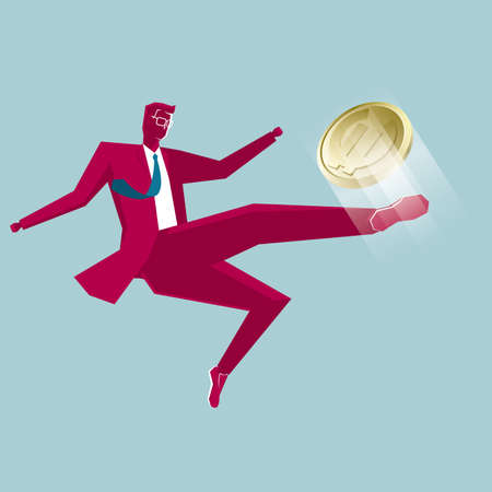 Businessman kicking a euro coin isolated on blue background.のイラスト素材