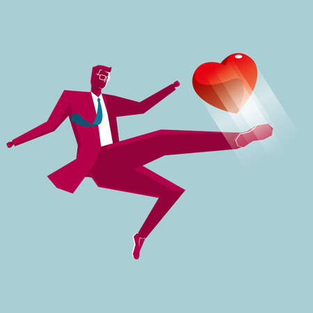Businessman kicking a heart symbol isolated on blue background.のイラスト素材