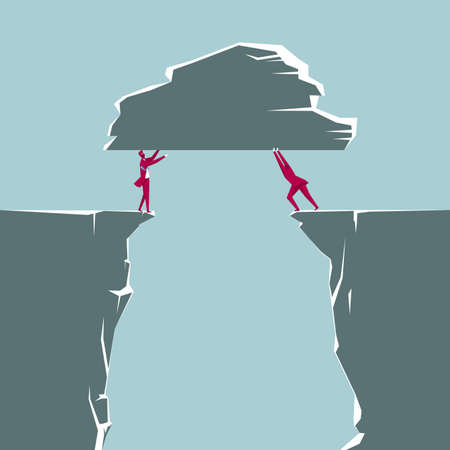 Two businessmen hold up a rock from opposite cliffs isolated on blue background.のイラスト素材