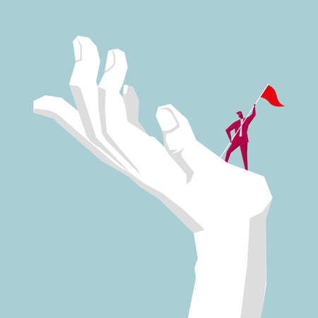 Businessman holding a red flag on the palm of a handのイラスト素材