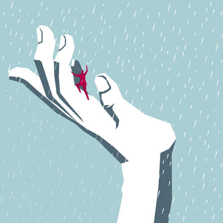 Businessman climbing the palm of a hand while it is snowingのイラスト素材