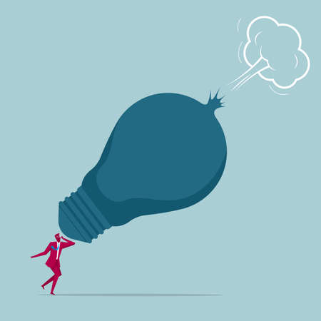 Businessman and light bulb with burnt fuse isolated on blue background.のイラスト素材
