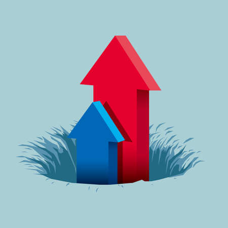 The upward arrow is in the trap. Isolated on blue background.のイラスト素材