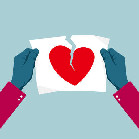 Tearing the heart symbol using both hands. Isolated on blue background.のイラスト素材