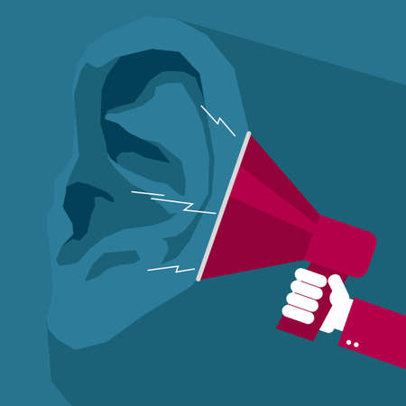 Vector drawn ears and megaphone. The background is red.のイラスト素材