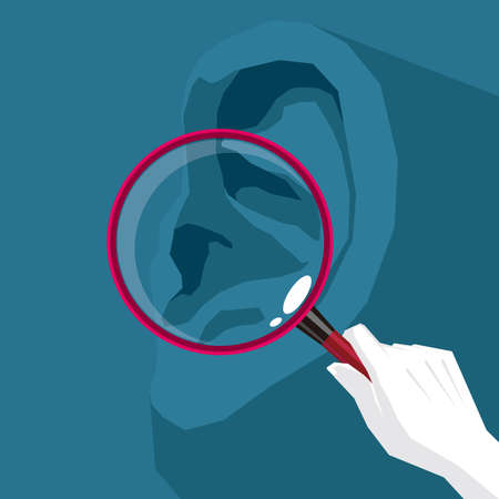 Vector drawn ears and magnifying glass. The background is red.のイラスト素材