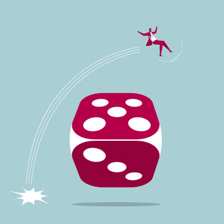 Businessman jumps over the dice. Isolated on blue background.のイラスト素材