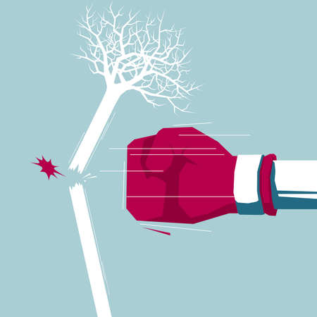The fist hit the tree. Isolated on blue background.のイラスト素材