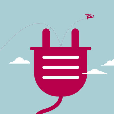 Businessman jumps over the power plug. Isolated on blue background.