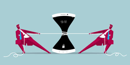 Business concept with businessmen pulling rope around a smartphone