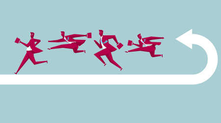 A group of businessmen running away from an arrow