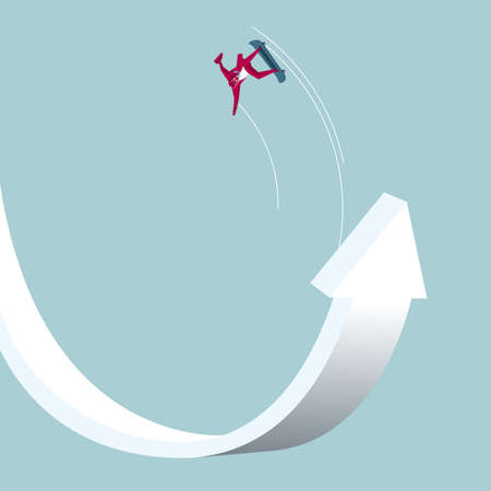 Businessman surfing on an arrow isolated on blue background.のイラスト素材