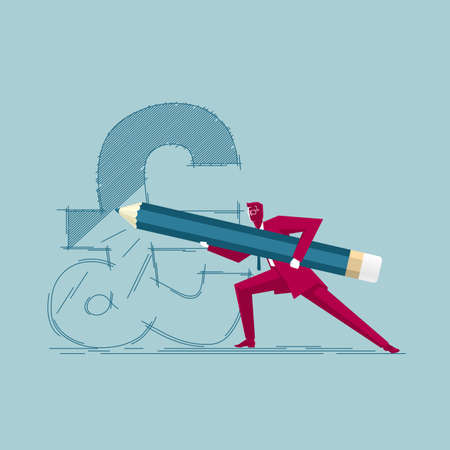 Businessman drawing pound symbol. Isolated on blue background.のイラスト素材