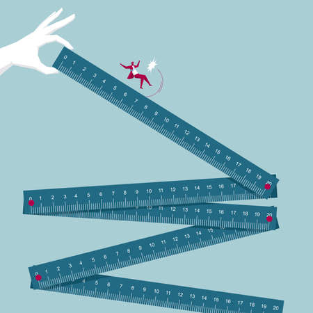 The businessman fell on the folding ruler. Isolated on blue background.のイラスト素材