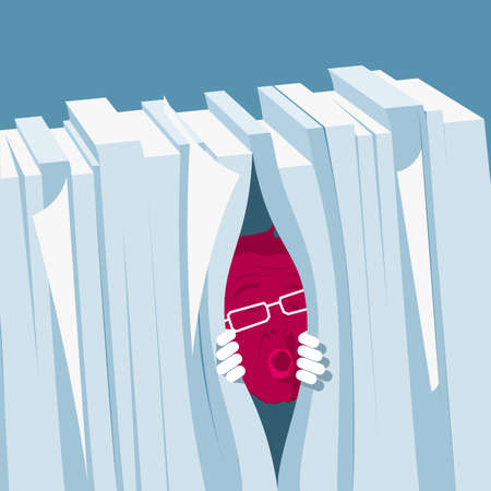 The businessman is hiding behind  of documents. Isolated on blue background.のイラスト素材