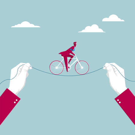 Businessman is riding a bicycle between two hands. Isolated on blue background.のイラスト素材