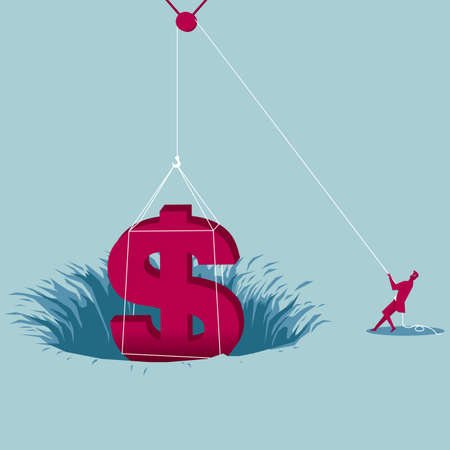 Businessman pulling dollar sign out of trap hole using a pulley