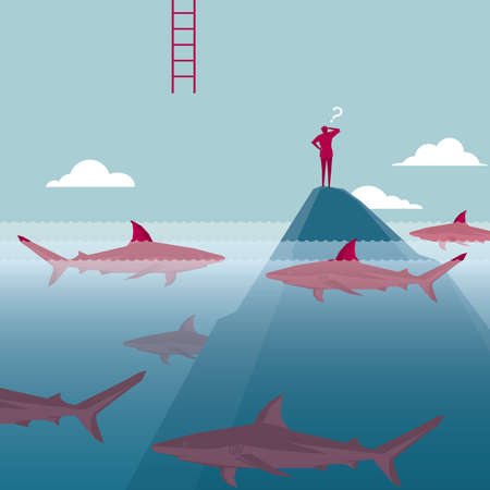 Businessman on a mountain besieged by the sharksのイラスト素材