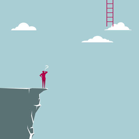 Businessman standing on the edge of the cliff figuring how to climb the ladderのイラスト素材