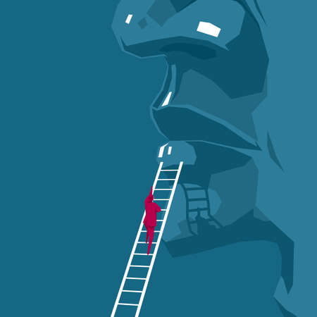 Businessman climbing up a huge face using a ladderのイラスト素材