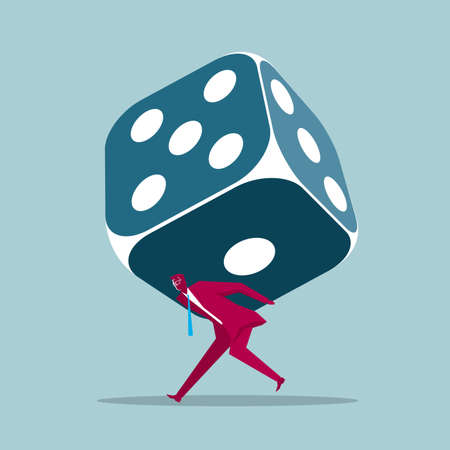 Businessman carrying a huge dice on his back