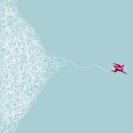 Businessman runs away from the chaotic line. Isolated on blue background.のイラスト素材