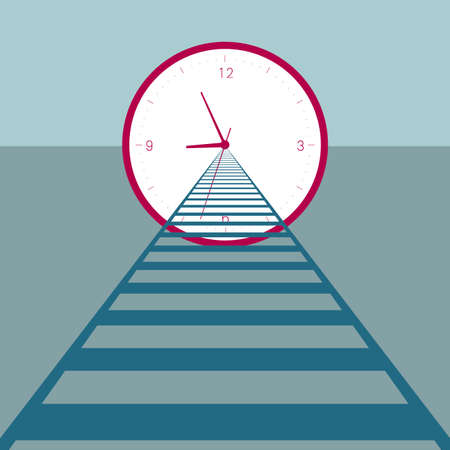 Clock and railroad tracks on blue background.のイラスト素材