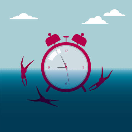 Businessmen swimming under an alarm clock in the water