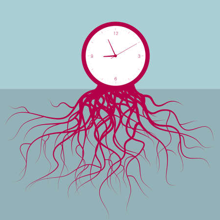 Time concept design with clock rooted on the ground