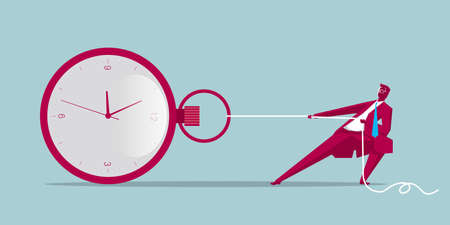 Businessman pulls a pocket watch. Isolated on blue background.のイラスト素材