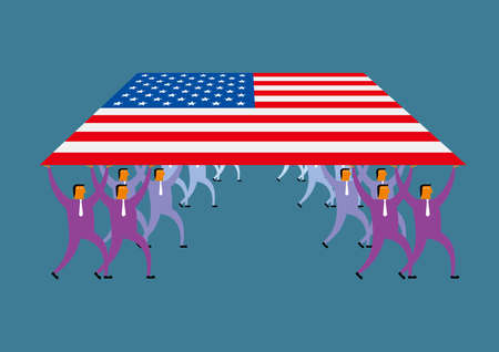 A group of people raised the American flag. Isolated on blue background.