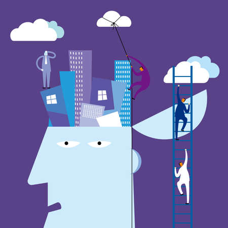 Businessman climbs in the city. The background is purple.