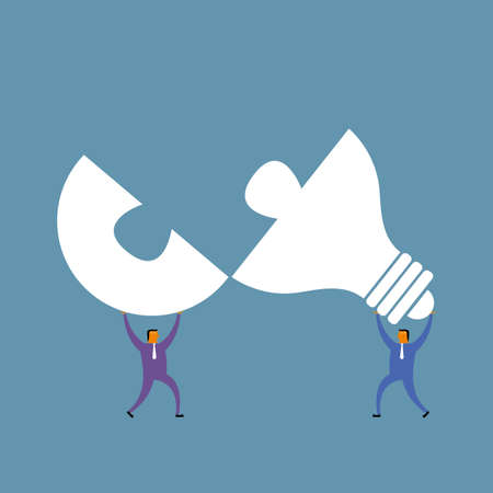 Two businessmen hold up a light bulb puzzle. The background is a city building.のイラスト素材