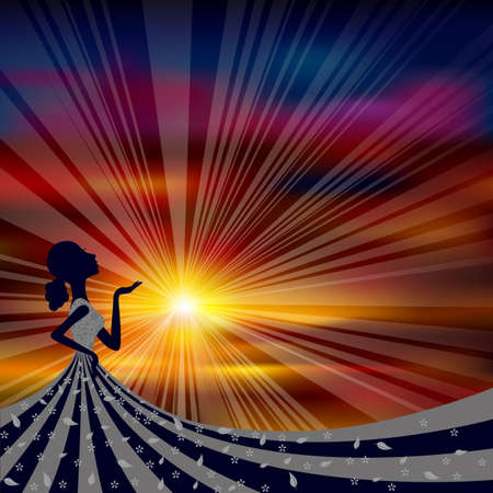 Woman in the sunset. The background uses the mesh gradient tool.のイラスト素材