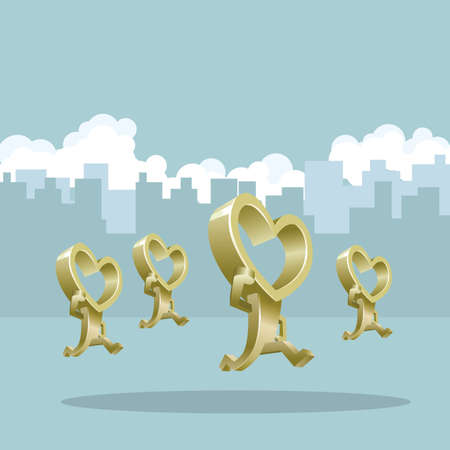 heart shaped people. The background is a city building.のイラスト素材