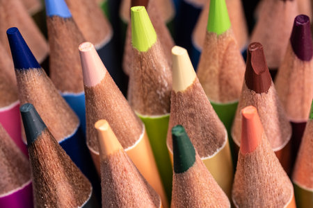 Colored pencils in a row close-up macro photography.の写真素材
