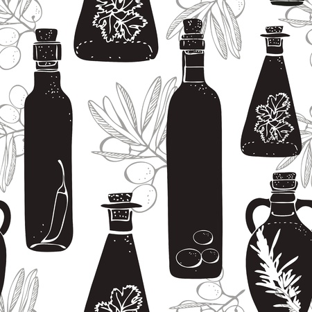 Olive oil pattern with glass bottles and olive branchのイラスト素材