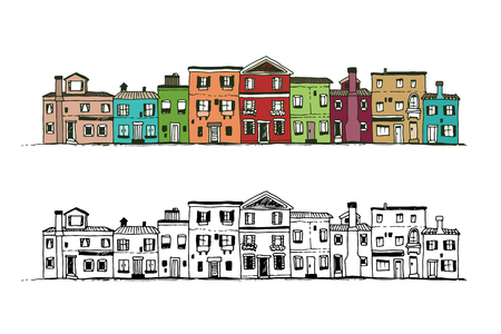 Houses doodle, hand drawn vector set isolated on white backgroundのイラスト素材