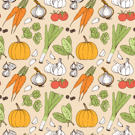 Vegetable vector seamless pattern, hand drawn food background with: tomato, carrot, pumpkin, onion, broccoli, leek, garlic, herbsのイラスト素材