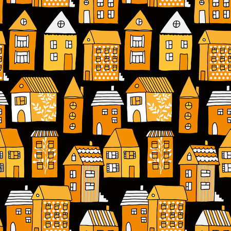 Seamless pattern with houses and trees in black and orange, hand drawn vector halloween backgroundのイラスト素材