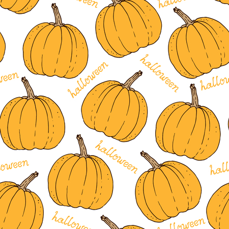Halloween pattern, hand drawn vector background with pumpkinsのイラスト素材