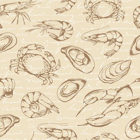 Seafood vector seamless pattern, food vector background in sketch style: lobsters, crabs, shrimps, oysters, mussels. Beige food background with abstract textのイラスト素材